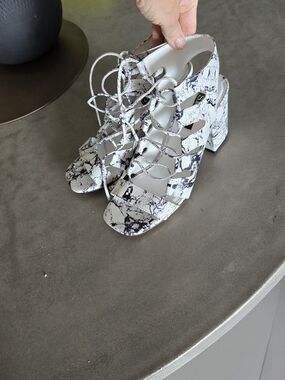 Lace-Up Block Heel Sandals in White Marble Print